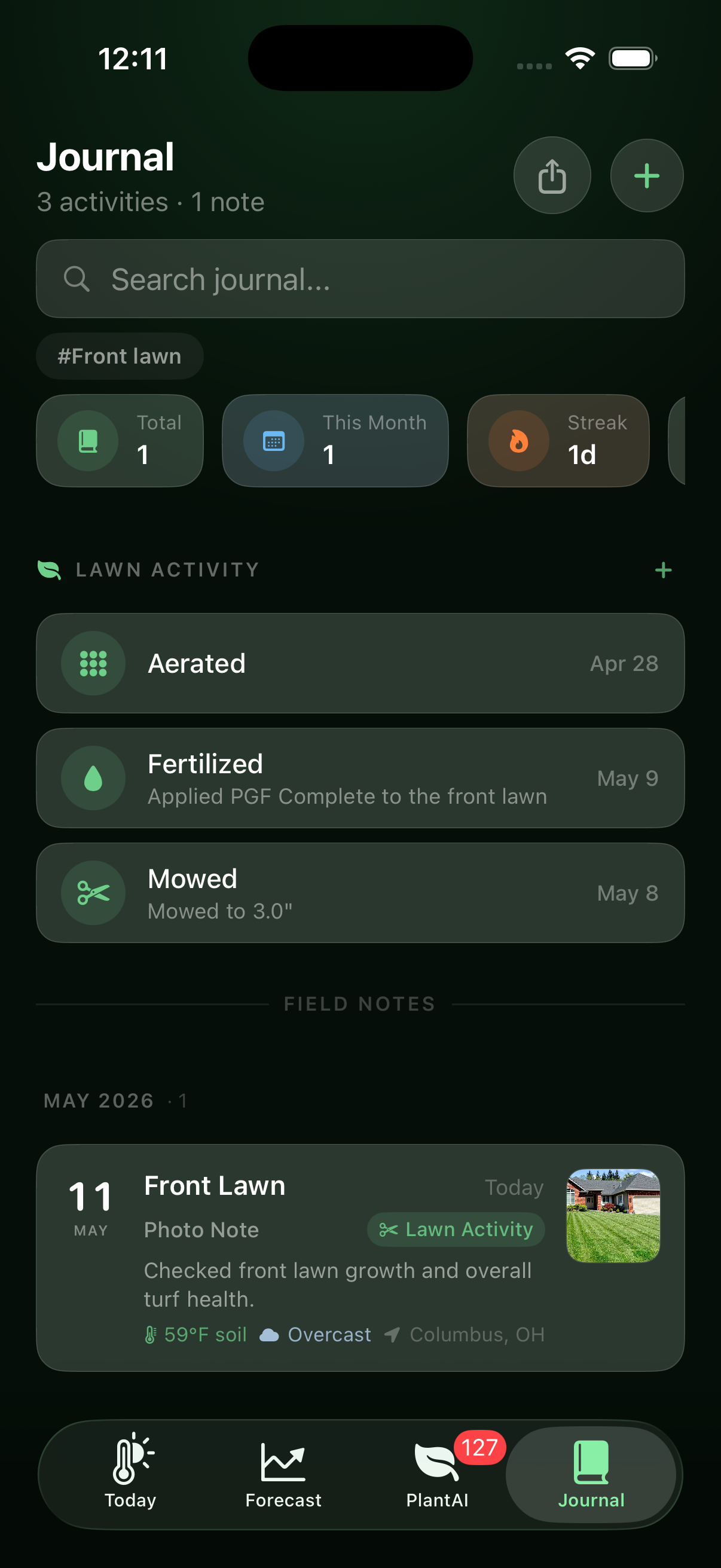 Lawn Activity and Field Notes in SoilIQ